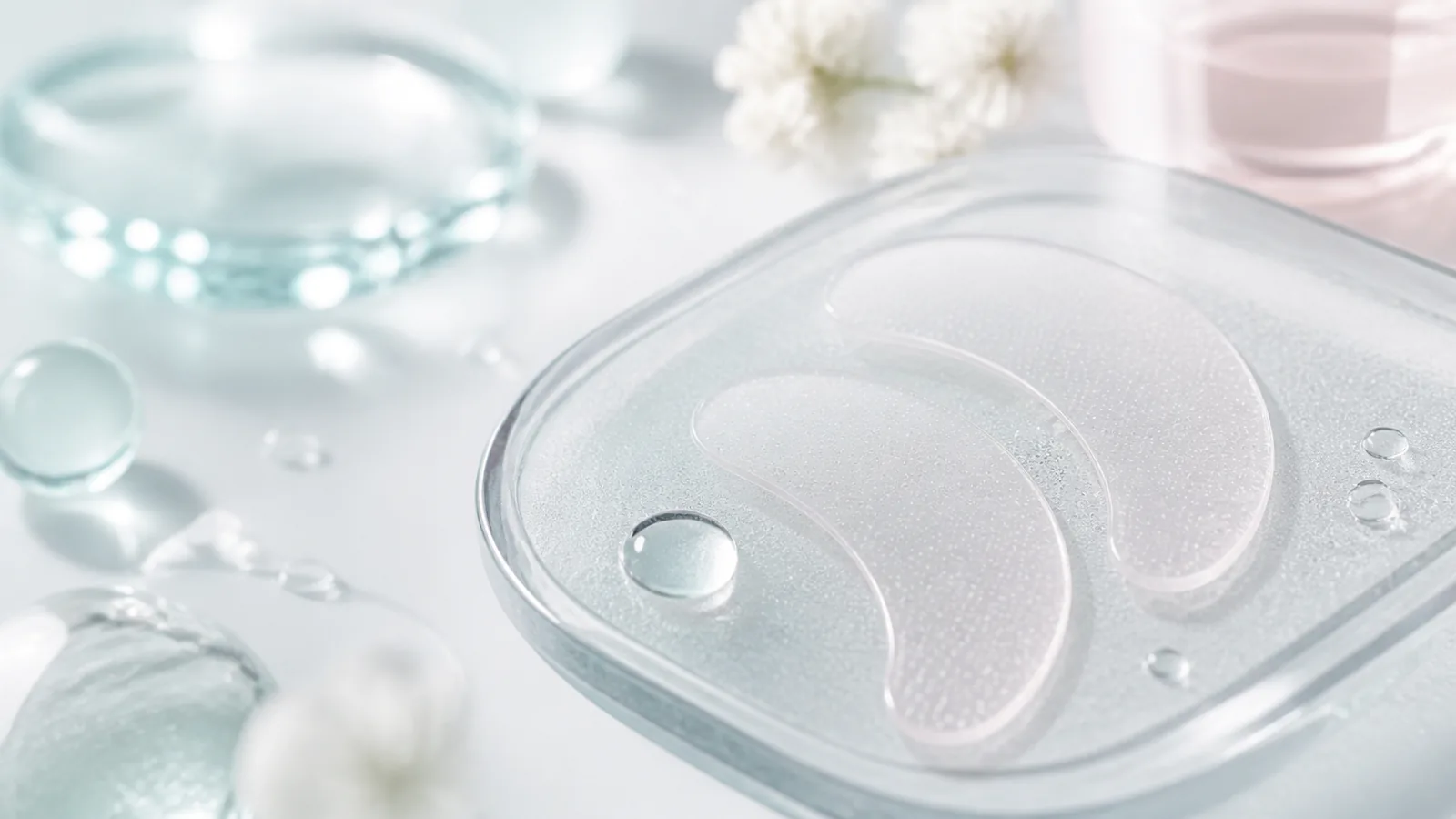 Translucent dissolvable microneedle eye patches on a premium beauty tray