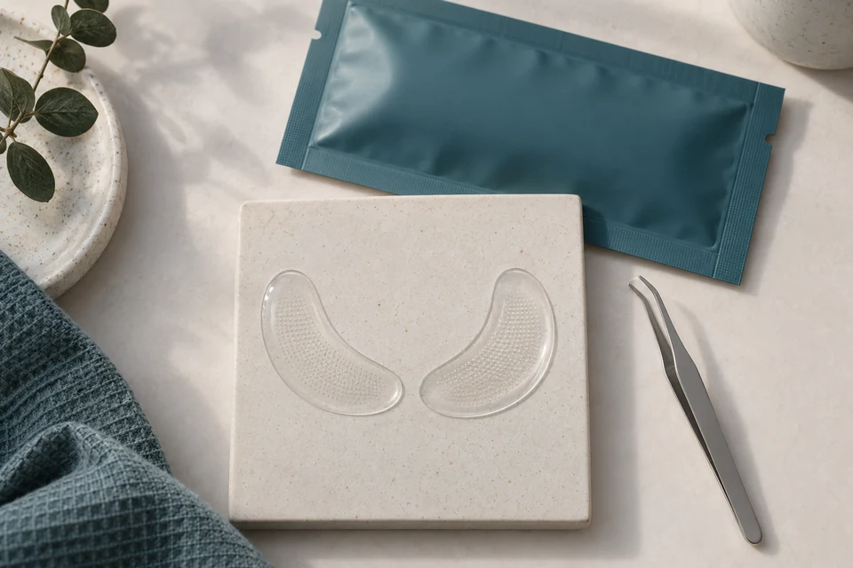 Paired crescent-shaped cosmetic microneedle eye patch prototypes and a protective pouch