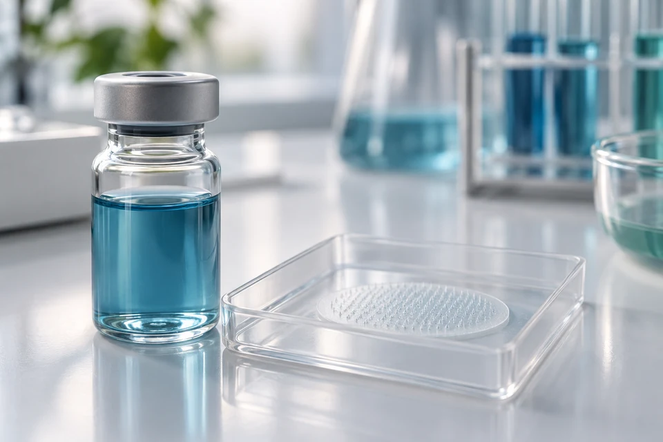 Copper-peptide solution sample beside a translucent microneedle patch prototype