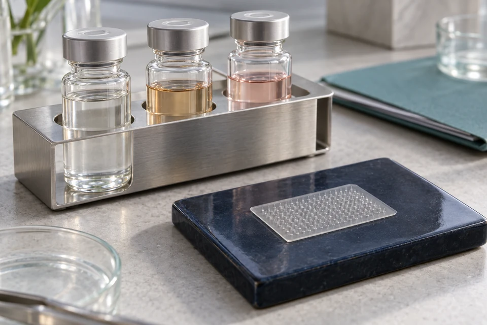Three formulation samples beside a rectangular cosmetic microneedle patch prototype