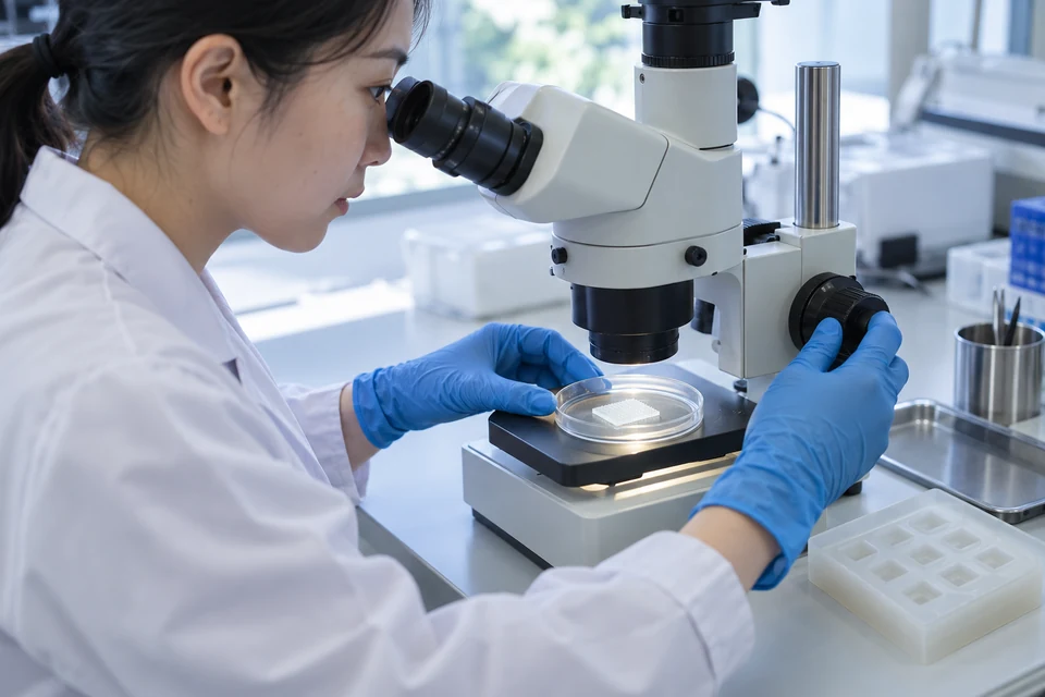 AI-generated illustrative development scene Laboratory technician inspecting a dissolving microneedle patch prototype with a microscope