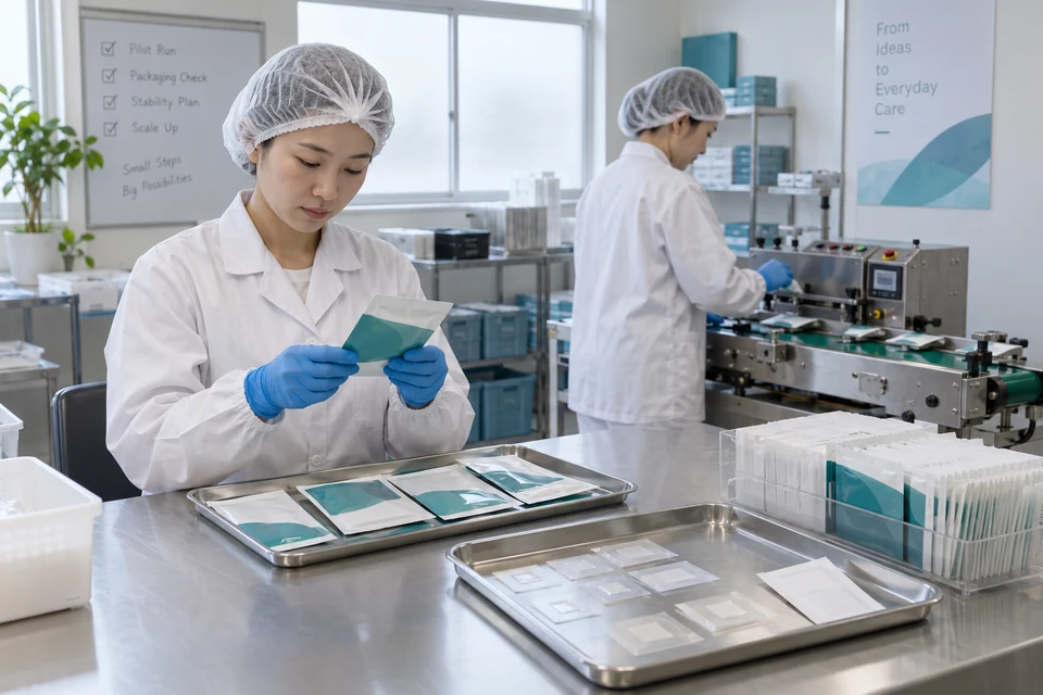 AI-generated illustrative development scene Technicians checking cosmetic sample pouches beside a compact pilot packaging line