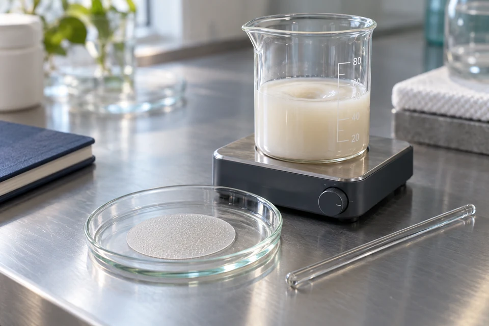 Cosmetic formulation dispersion on a stirrer beside a round microneedle patch prototype