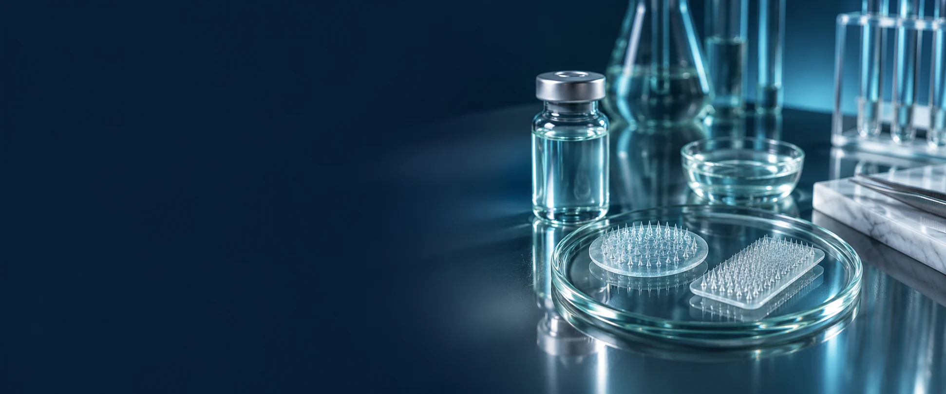 Cosmetic formulation samples and microneedle patches arranged on a glass laboratory tray