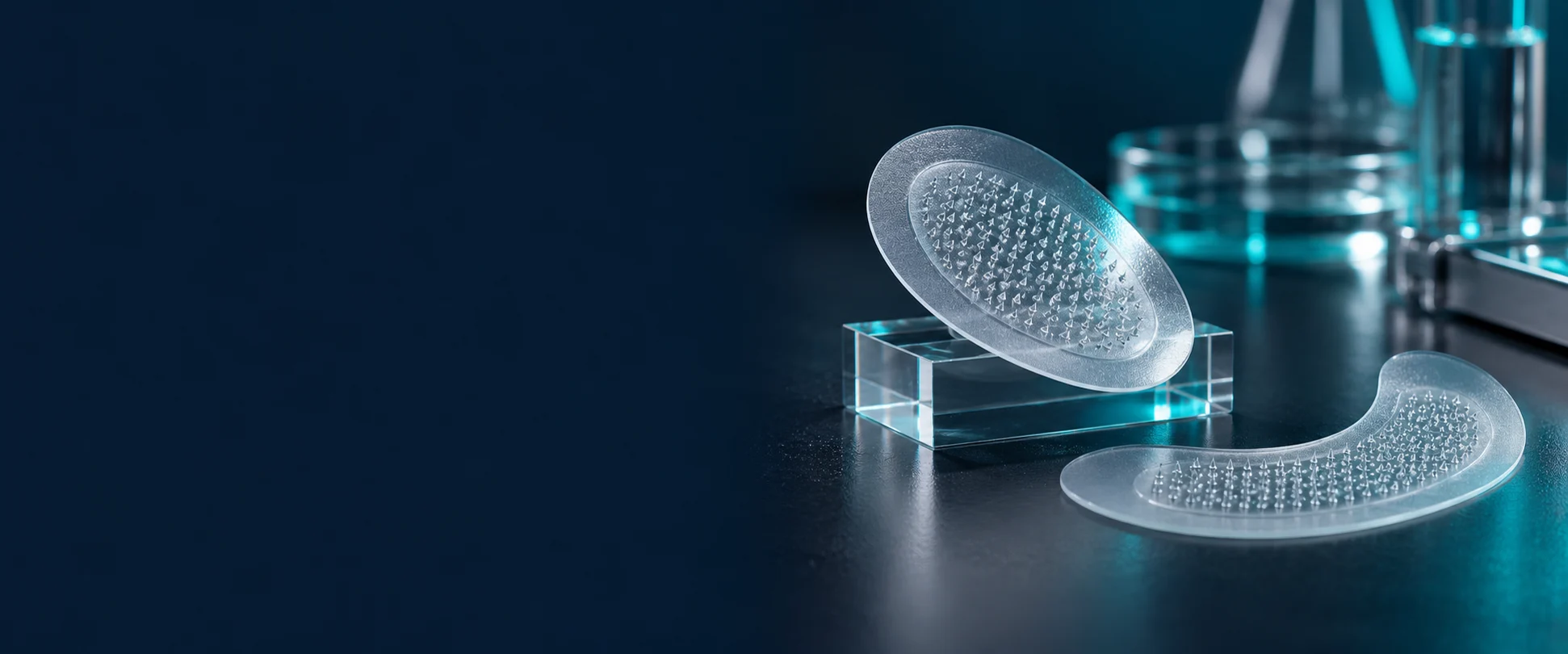 Translucent oval and under-eye cosmetic microneedle patch prototypes on a laboratory display