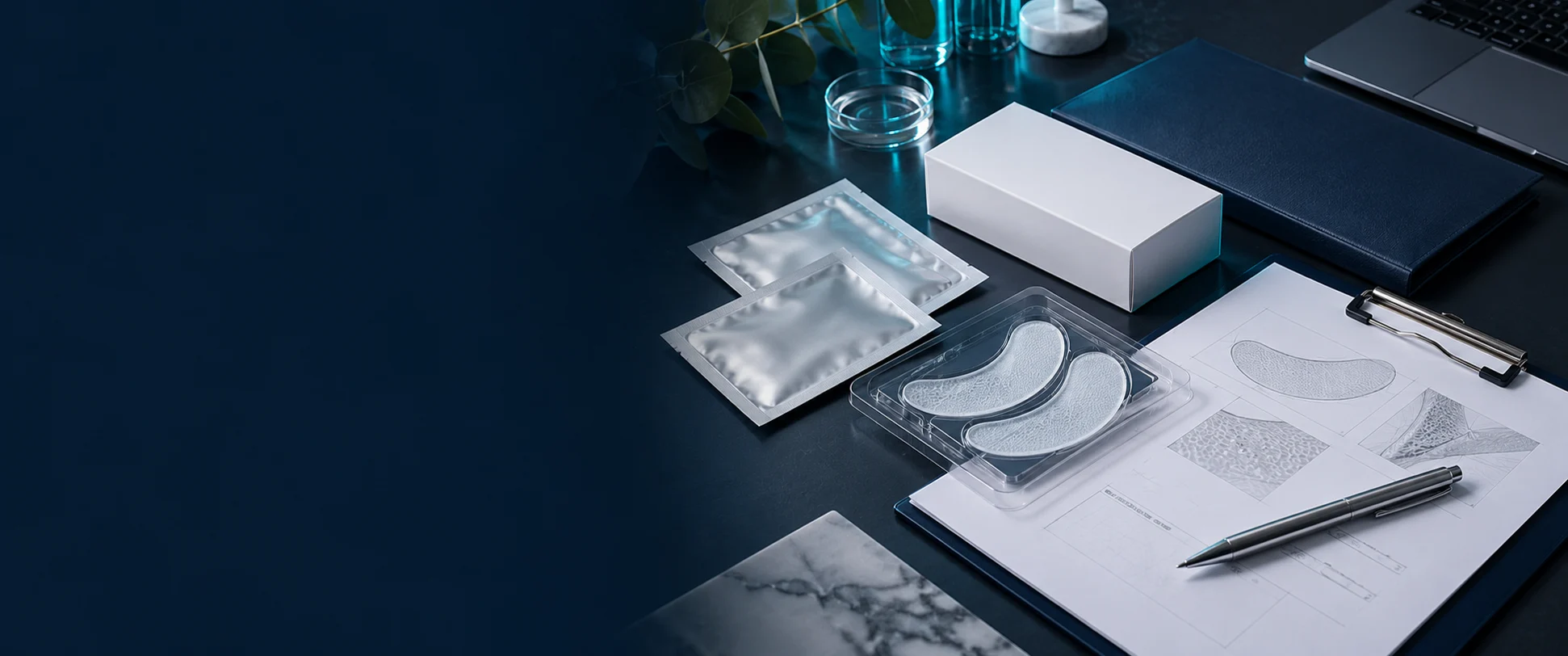 B2B product-development desk with patch samples, packaging prototypes and specification documents