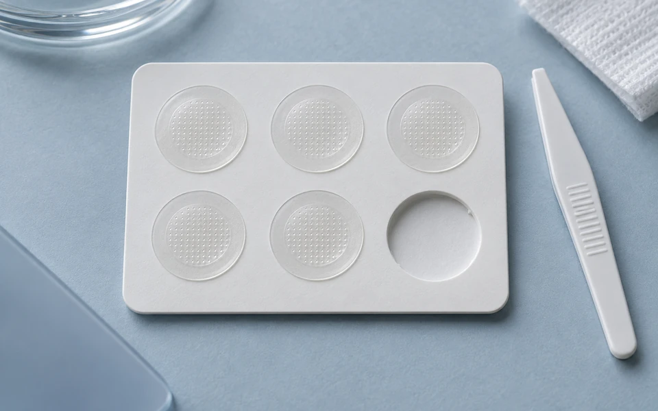 AI-generated illustrative product concept Small round cosmetic spot-patch prototypes on a sample backing sheet