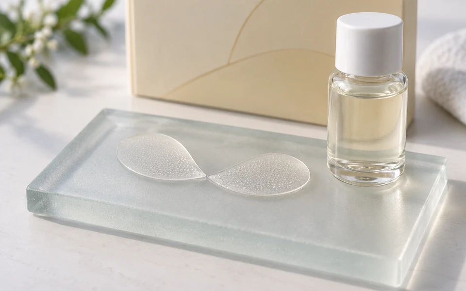 AI-generated illustrative product concept Petal-shaped cosmetic patch prototypes beside a pale formulation sample