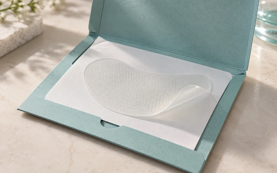 AI-generated illustrative product concept Flexible cosmetic cheek-area patch prototype on a protective release liner