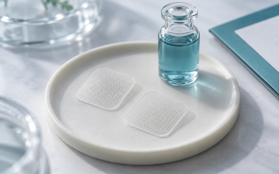 AI-generated illustrative product concept Rounded-square patch prototypes with a blue copper-peptide formulation sample