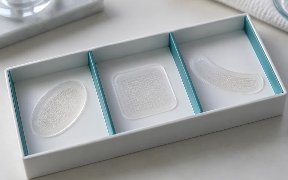 AI-generated illustrative product concept Three cosmetic microneedle patch formats in separate sample compartments
