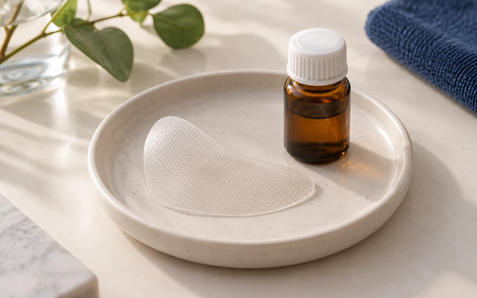 AI-generated illustrative product concept Cheek-area microneedle patch prototype beside an amber formulation sample bottle