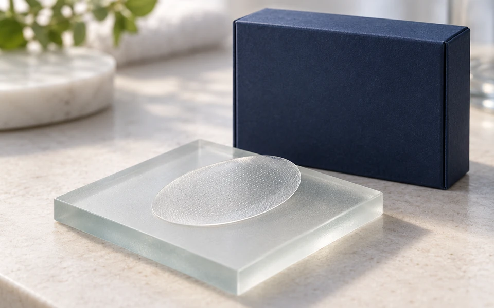 AI-generated illustrative product concept Oval cosmetic peptide microneedle patch prototype on a frosted glass sample tile