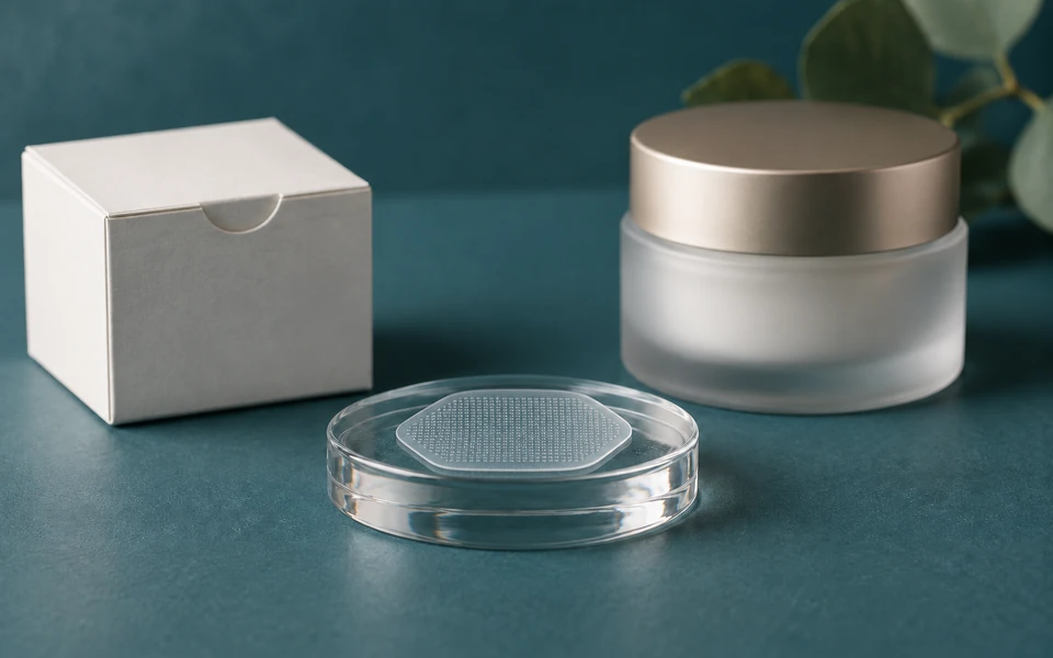 AI-generated illustrative product concept Hexagonal cosmetic microneedle patch prototype with premium packaging mockups