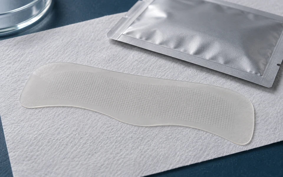 AI-generated illustrative product concept Wide forehead microneedle patch prototype and protective foil pouch