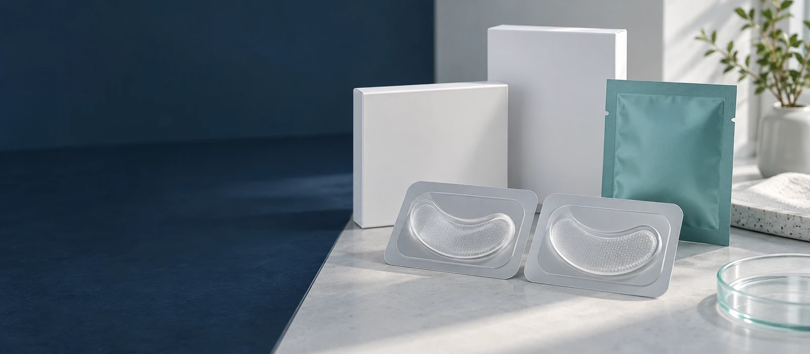 Translucent dissolvable microneedle eye patches on a premium beauty tray